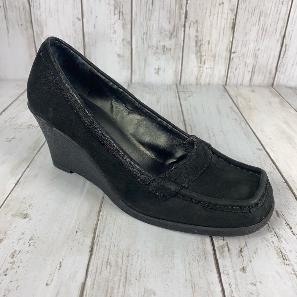 Nine West Black Suede Leather Loafer Wedges Heels Shoes Women’s Size 7